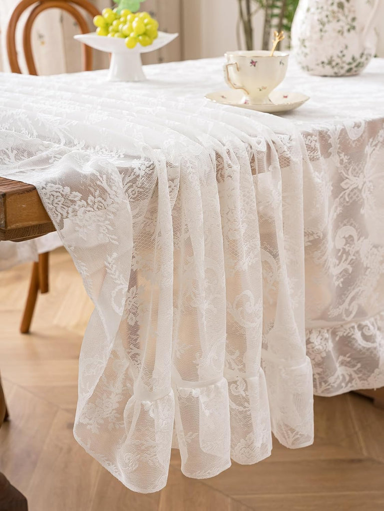 White French Lace Ruffle Tablecloth 60 x 102 Inch with Ruffled Edge, Fits Round and Rectangular Tabl