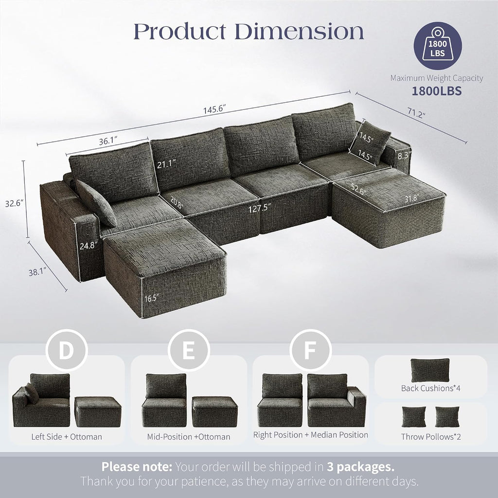 145.6” L Shaped Boneless Couches for Living Room, Modular Sofa Memory Foam
