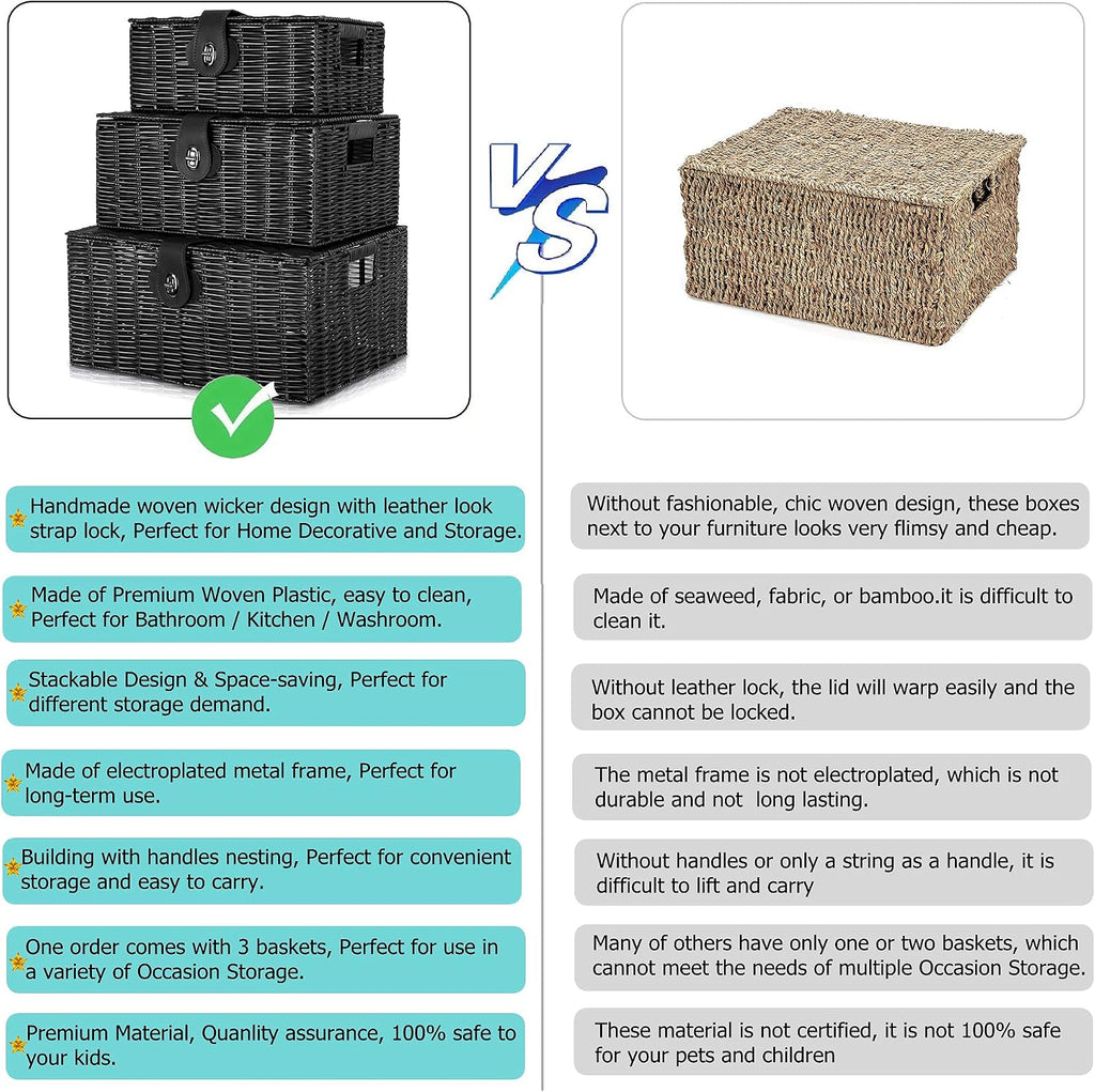 Set of 3 Woven Wicker Storage Basket Box with Lids & Lock, Built-in Carry Handles, Multifunctional Storage Organizer