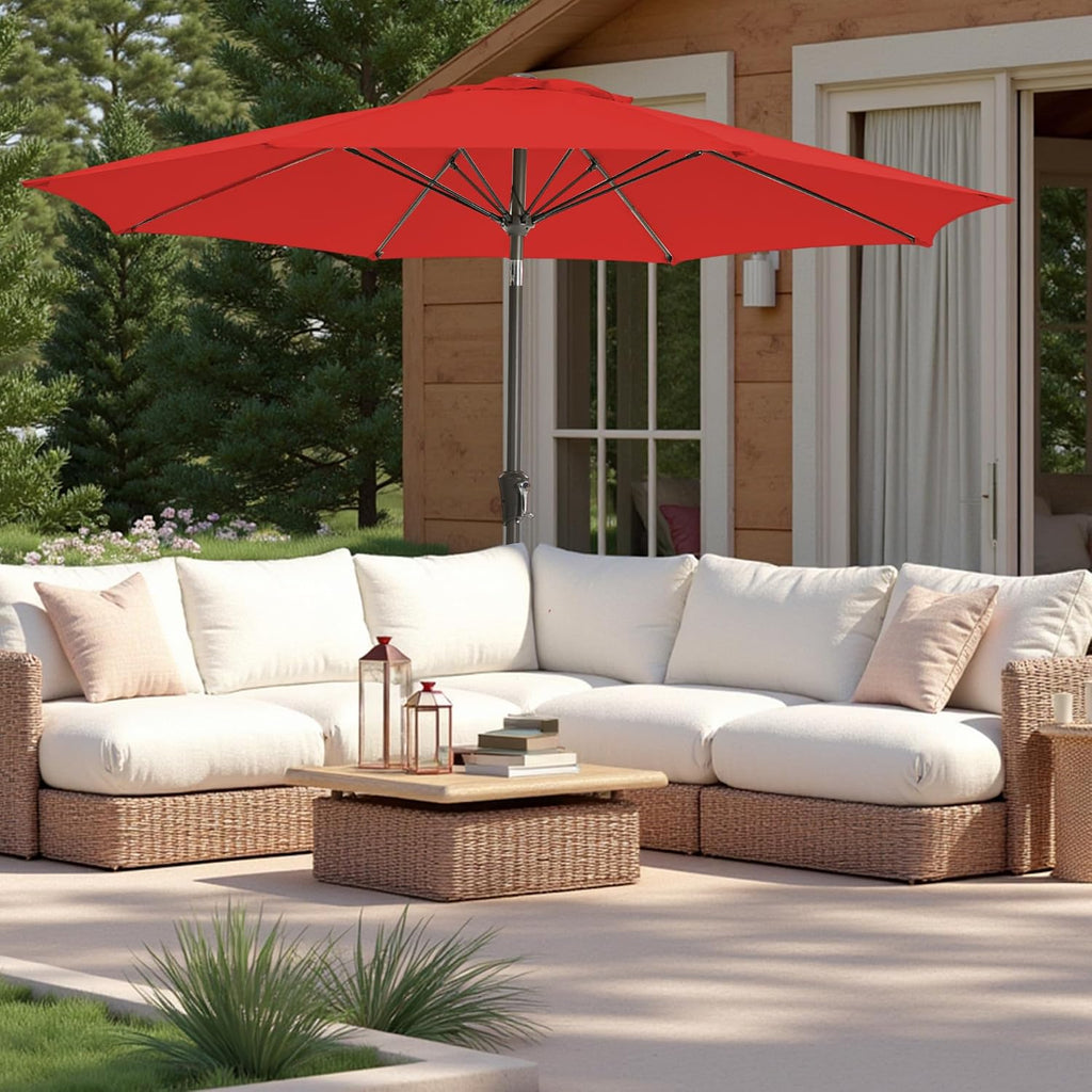 9FT Large Outdoor Patio Umbrella Pool Market Umbrella-UV Resistant, Easy Push Button Tilt and Crank - Red