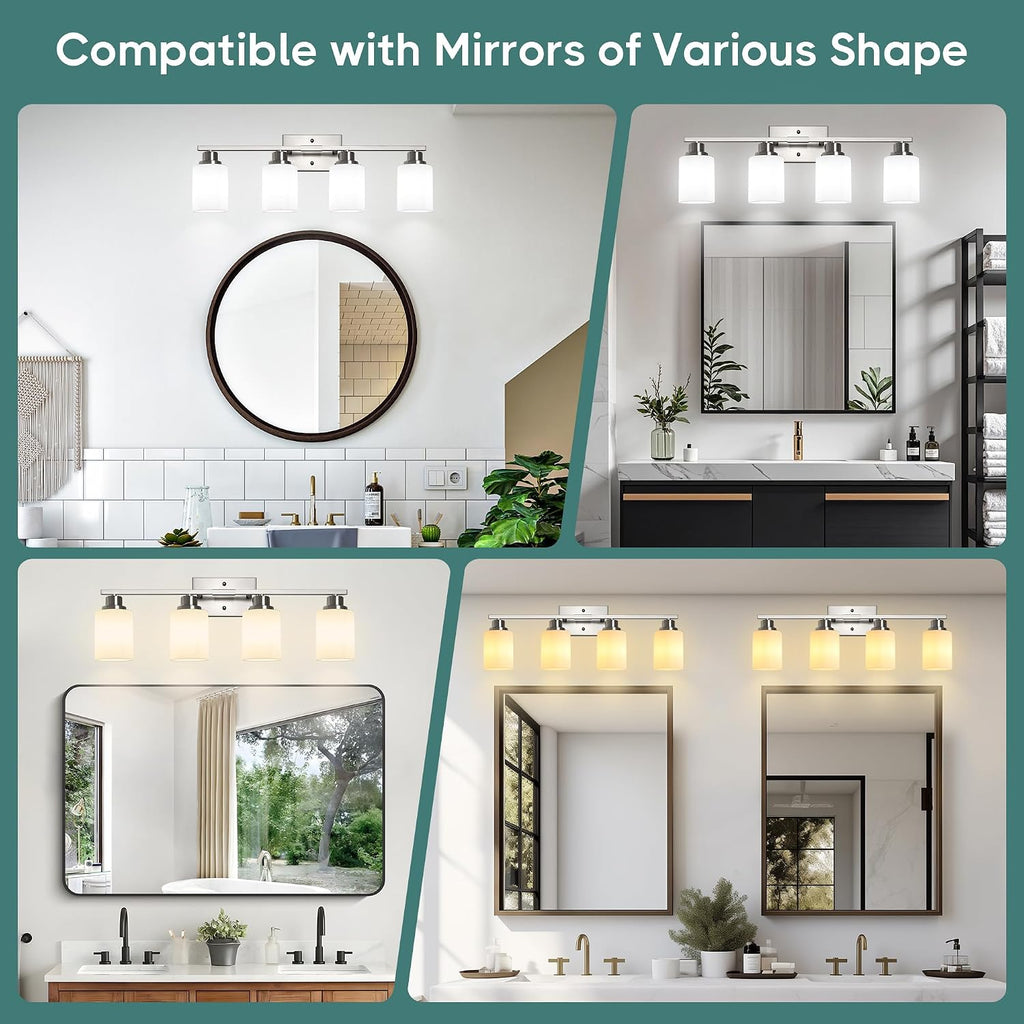 Bathroom Light Fixtures, 4-Light Vanity Light Over Mirror, Brushed Nickel Wall Sconces with Milky White Frosted Glass