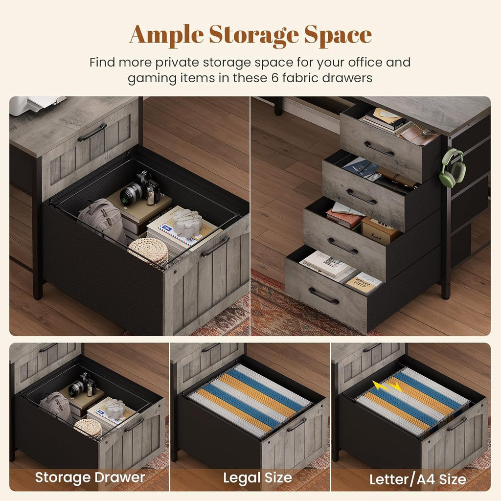 Farmhouse L Shaped Office Desk with 6 Drawer, Reversible Computer Desk with Power Outlet, Hutch/Two Person