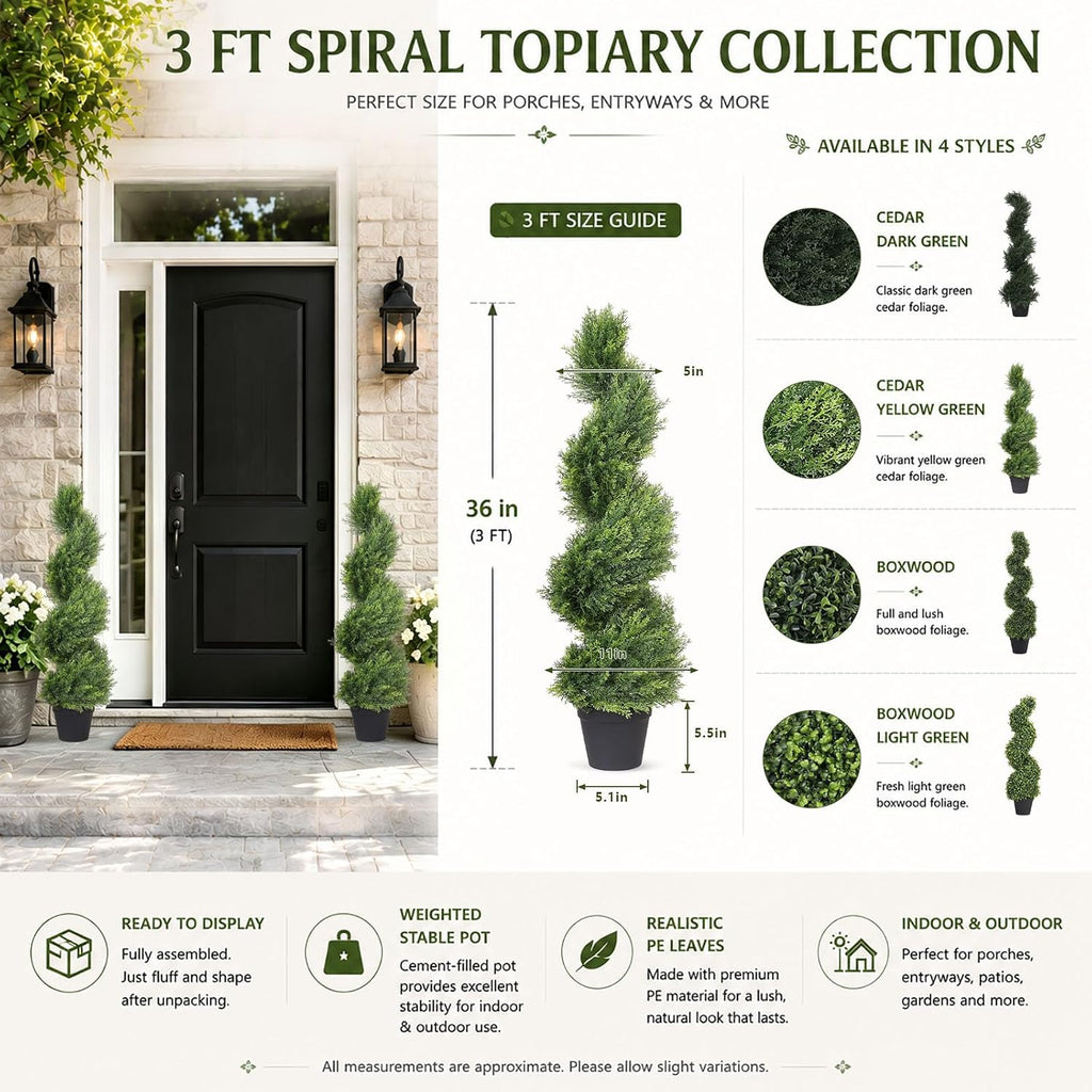 3ft Tall Spiral Topiary Trees Artificial Outdoor Set of 2 | UV Resistant Realistic Faux Cedar Cypress Fake Plants