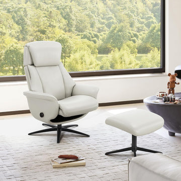 Modern Reclining Swivel Lounge Chair and Ottoman — Grey Genuine Leather
