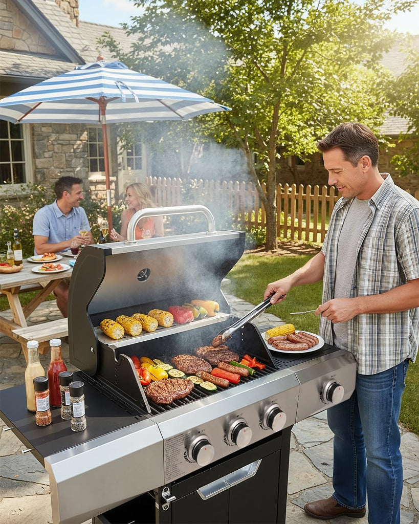 3-Burner Propane Gas Grill with Side Burner, 40,500 BTU Stainless Steel BBQ Grill with Cast Iron Grates and Wheels for Patio and Garden
