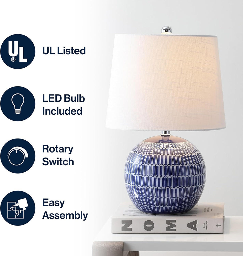 21" Navy Ceramic Hand-Painted Scallop Sphere Table Lamp, Coastal Transitional Bedside Lamp with White Linen Drum Shade