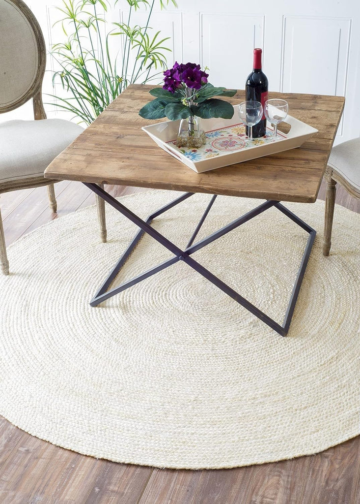 Handwoven Jute Area Rug - Off-White Round Rustic Vintage Braided Reversible Rug - Eco Friendly Rug - Kitchen - Living