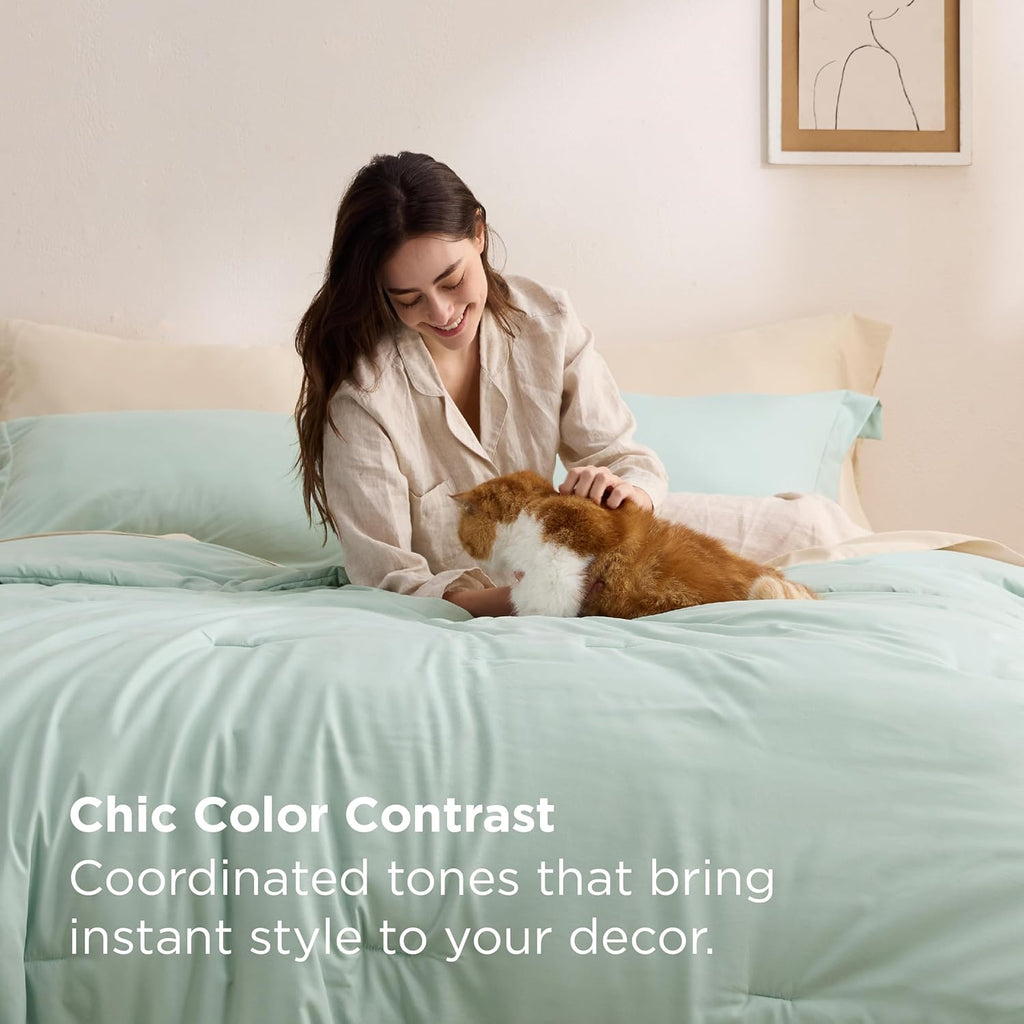 Comforter Set - 7 Pieces Sage Green Bedding Set for All Seasons