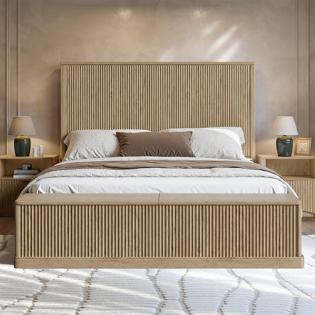 Fluted Oak King Bed Frame with 51'' Headboard & Storage Bench