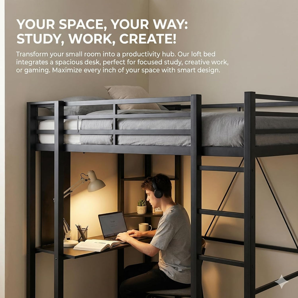 Loft Bed with Desk, Metal Loft Bed Full with 2 Built-in Ladders, Space-Saving Bed Frame, with Safety Guard