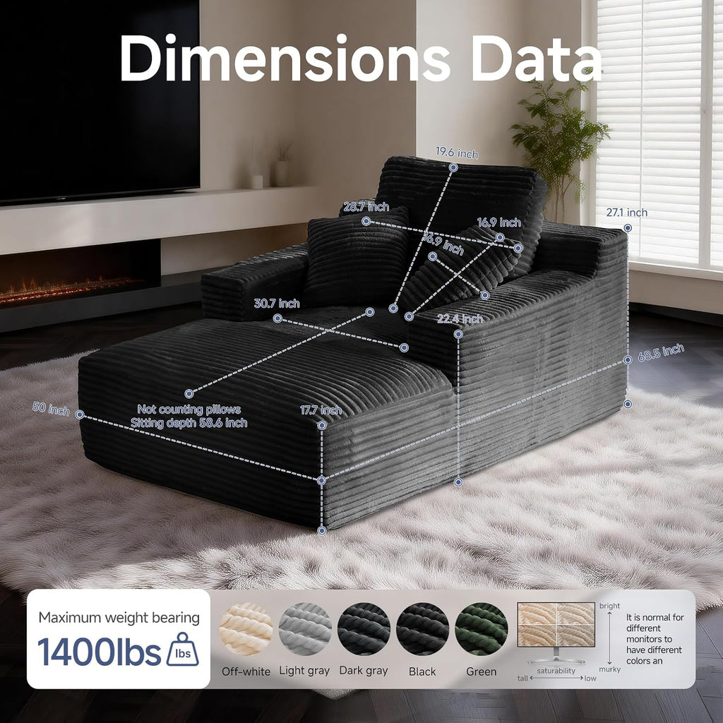 68" Oversized Boneless Chaise Lounge Chair, Cloud Reading Sofa | Oversized Comfort, Boneless Design, High-Density