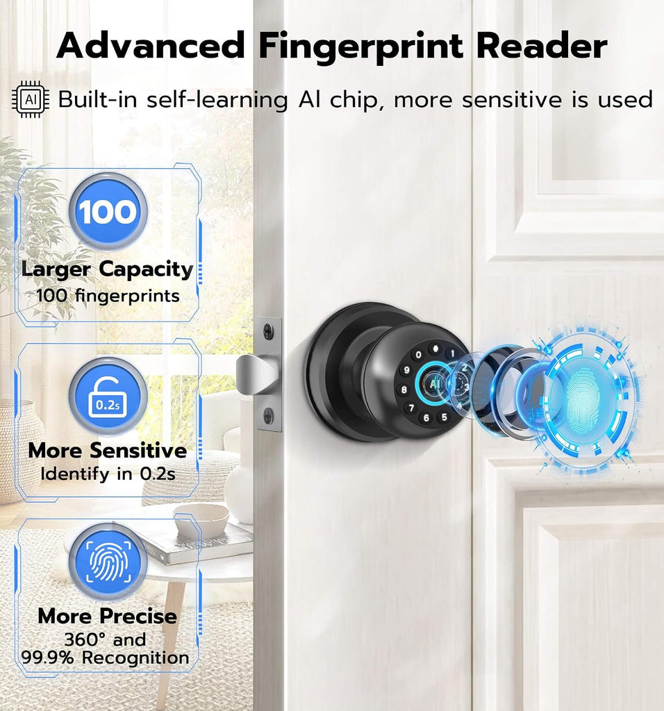 Smart Door Knob with Lock, Fingerprint Code Keypad Keyless Entry Electronic Digital Biometric Bluetooth App Control
