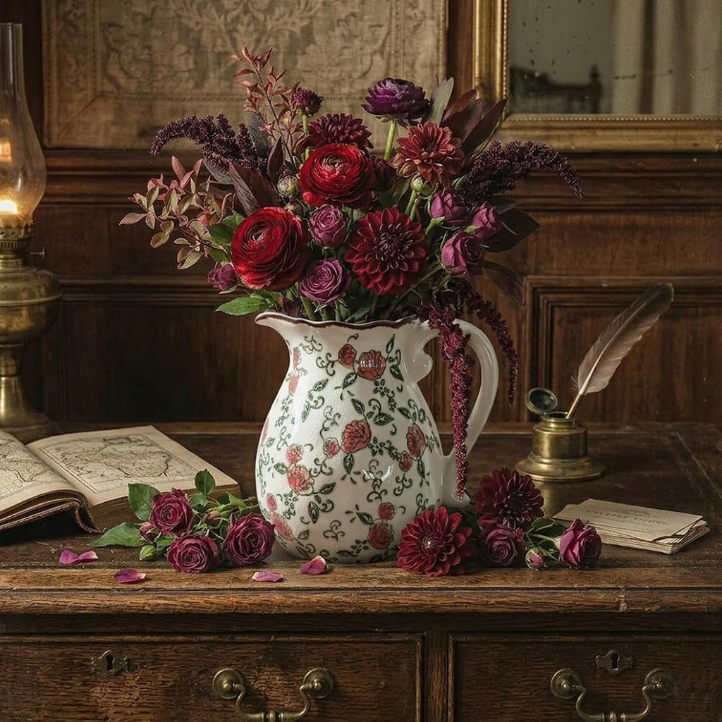 Vintage Ceramic Vase - 8.2 Inch Hand-Painted Roses with Ice Crackle Glaze Finish, American Farmhouse Style Pitcher Vase