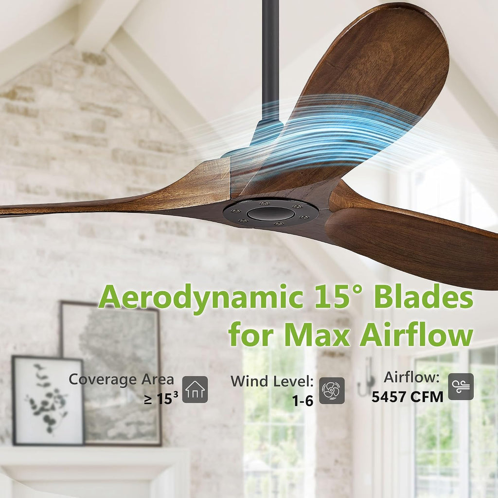52 Inch Outdoor Ceiling Fan Without Light, 3 Blade Propeller Wood with Remote Control