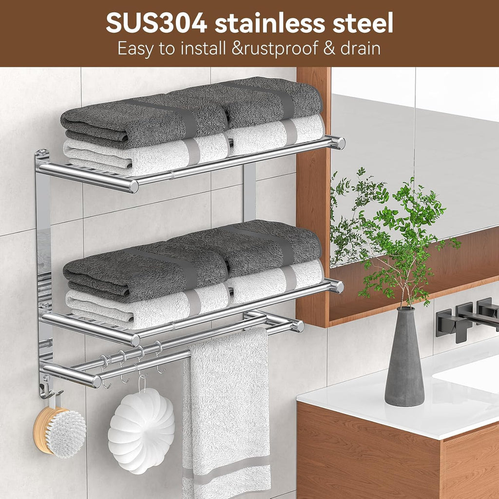 Bathroom Towel Rack with Shelf and Towel Bar, 2-Tier Expandable (16.9 to 28 Inches) SUS304 Stainless Steel, Wall