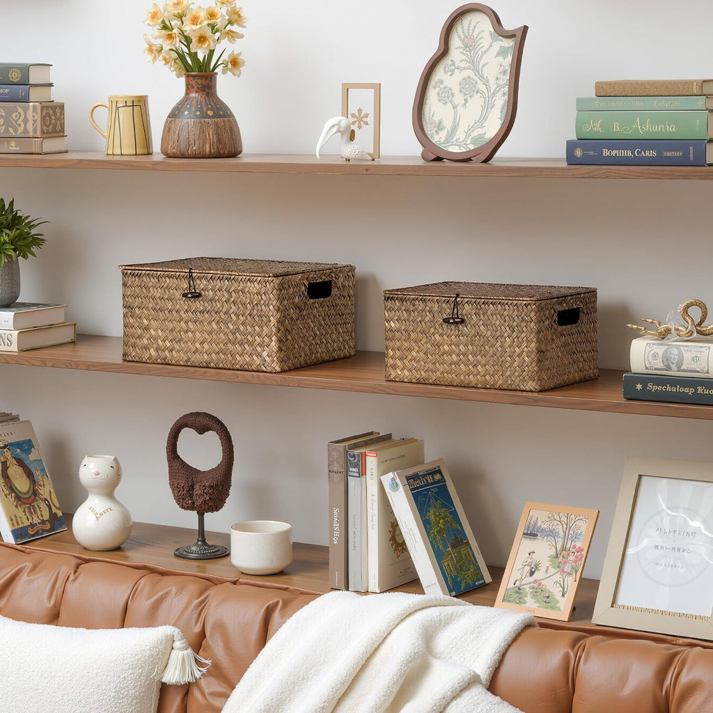 Wicker Baskets with Lid for Organizing, Seagrass Storage Baskets for Shelves, Decorative Box with Built-in Handles