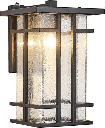 Rustic Dusk to Dawn Outdoor Wall Light Fixture 13.8"H Waterproof Exterior Wall Sconces Black Metal with Seeded Glass