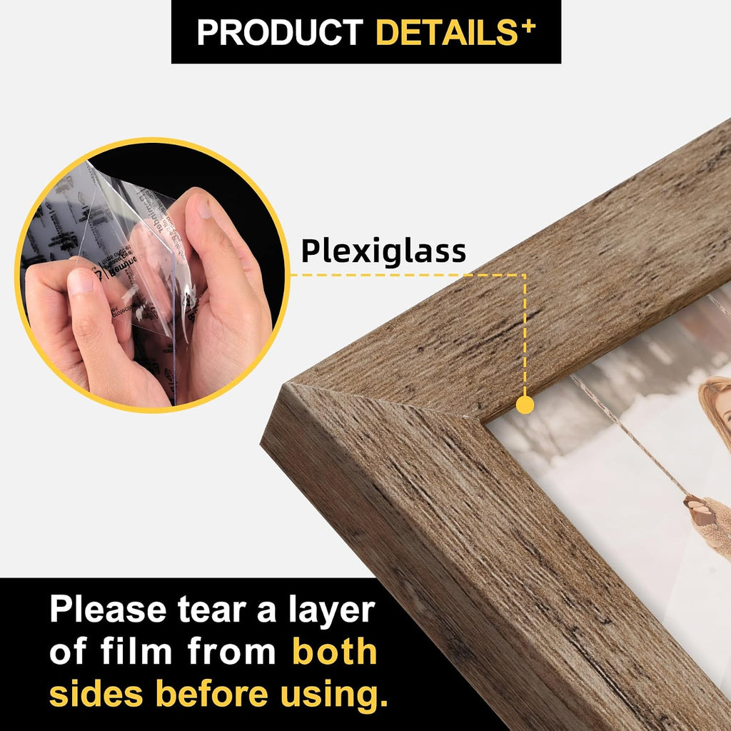 8x10 Picture Frames with 6x8 Mat Set of 6, Rustic Brown | Wood Grain Design, Wall Mounting or Tabletop Display, for