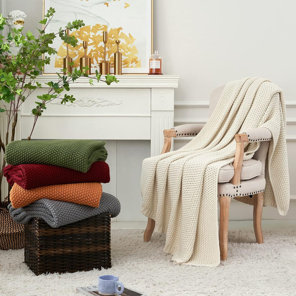 Chunky Cable Knit Throw Blanket Lightweight Burnt Orange 100% Organic Cotton Blanket, Rustic Shabby Chic Modern