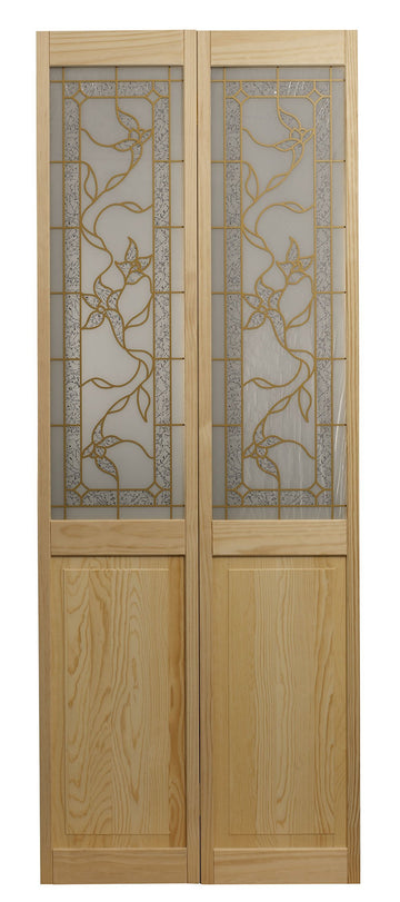Pinecroft Tuscany Decorative Glass/Raised Panel Interior Bifold Solid Pine Wood Door, 24" x 80", Unfinished Pine