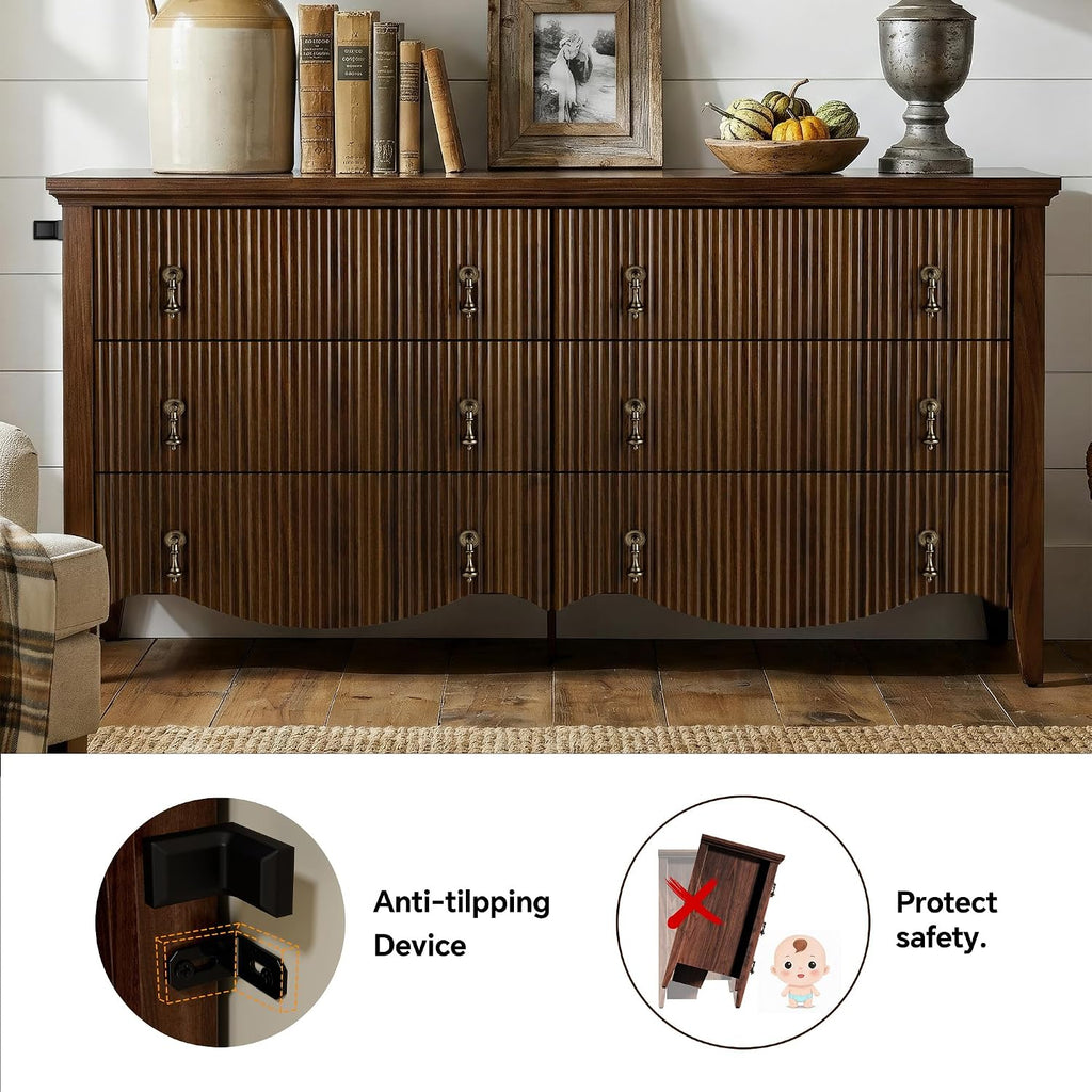 6-Drawer Fluted Dresser, Wide Double Chest of Drawers,Walnut | Fluted Design, Horizontal Chest of Drawers