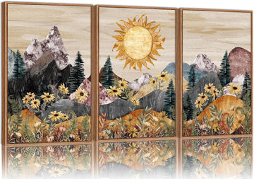 Boho Mountain Framed Canvas Wall Art, Western Daisy Floral Landscape Wall Decor, Rustic Fern Flowers Art Painting
