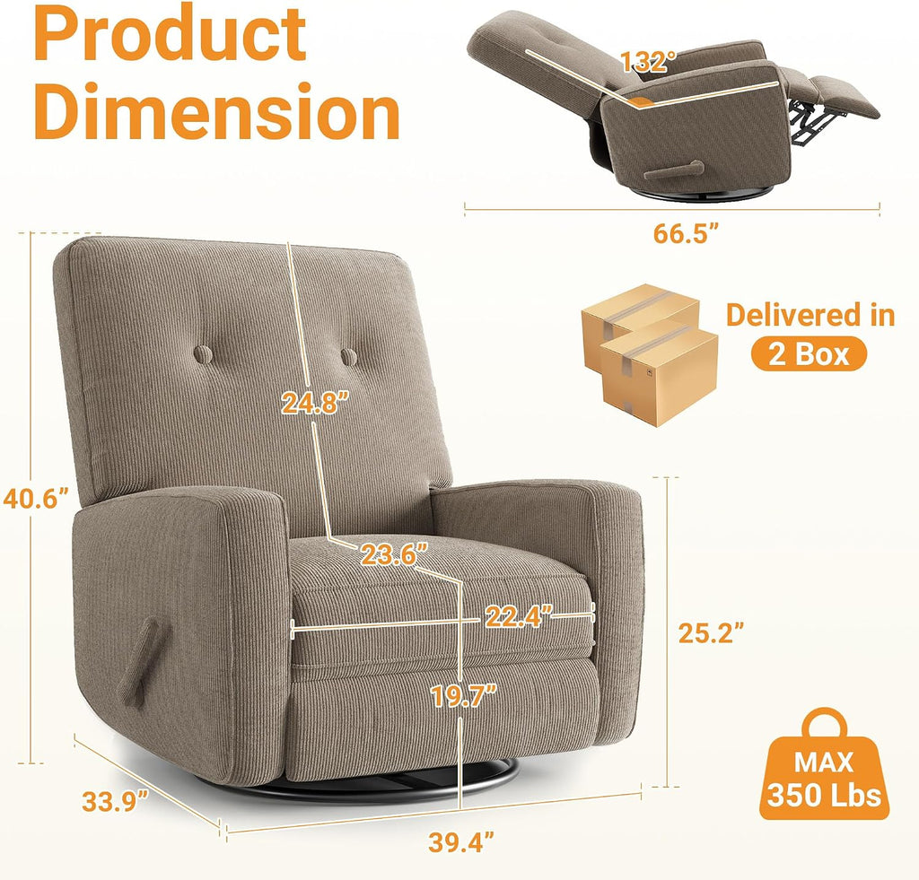 360° Recliner Chair with Adjustable Backrest & Footrest, Brown | Swivel Rocking Glider Chair for Adults, Upholstered