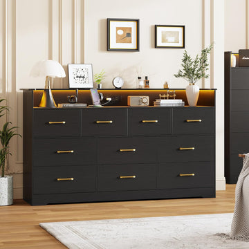 10 Drawer Dresser - 65'' Wide Chest of Drawers with LED Light and Charging Station, Modern Large TV Stand Cabinet