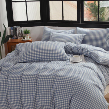 Blue Gingham Duvet Cover Set, 100% Washed Cotton Linen Like