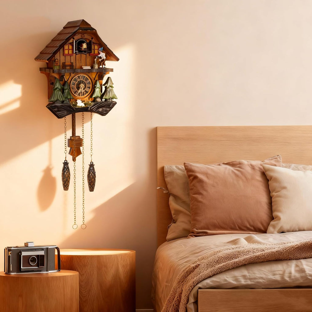Cuckoo Clock, Black Forest Style Wooden Pendulum Quartz Wall Clock, Volume Control, Night Silent, Gift Package, Professional Service