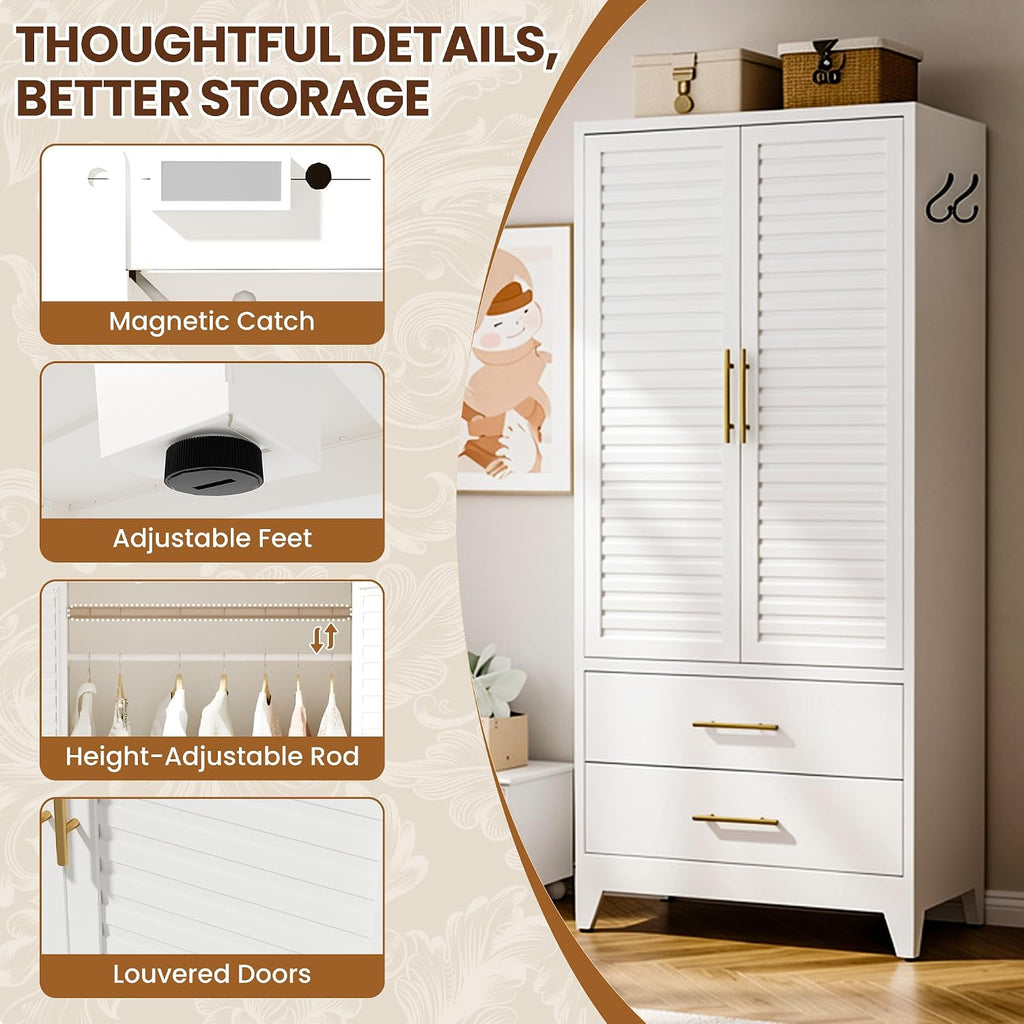 Metal Armoire Wardrobe Closet, 71" Clothing Storage Cabinets with Adjustable Hanging Rod and Shelves , Louvered
