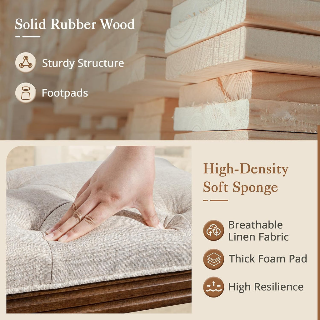 44" Bedroom Bench, Fabric End of Bed Bench, Upholstered French Tufted Ottoman Bench with Carved Dark Brown Wood Legs