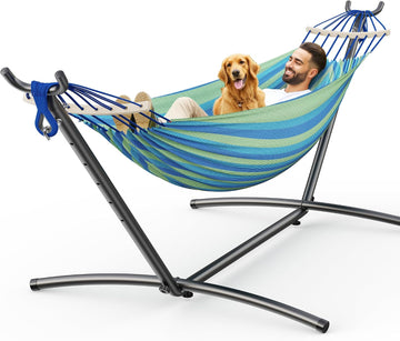 Double Hammock with Stand, 2 Person Hammock with Anti-Rollover Spreader Bar, Adjustable Height Heavy Duty Steel