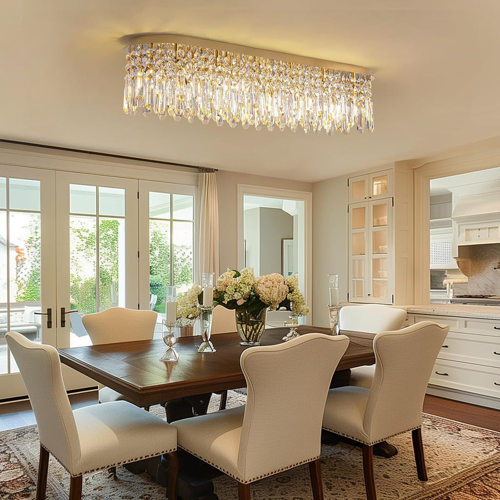 12-Light Modern Gold Crystal Raindrop Chandelier for Dining Room, Luxury Oval Flush Mount Crystal Pendant Ceiling