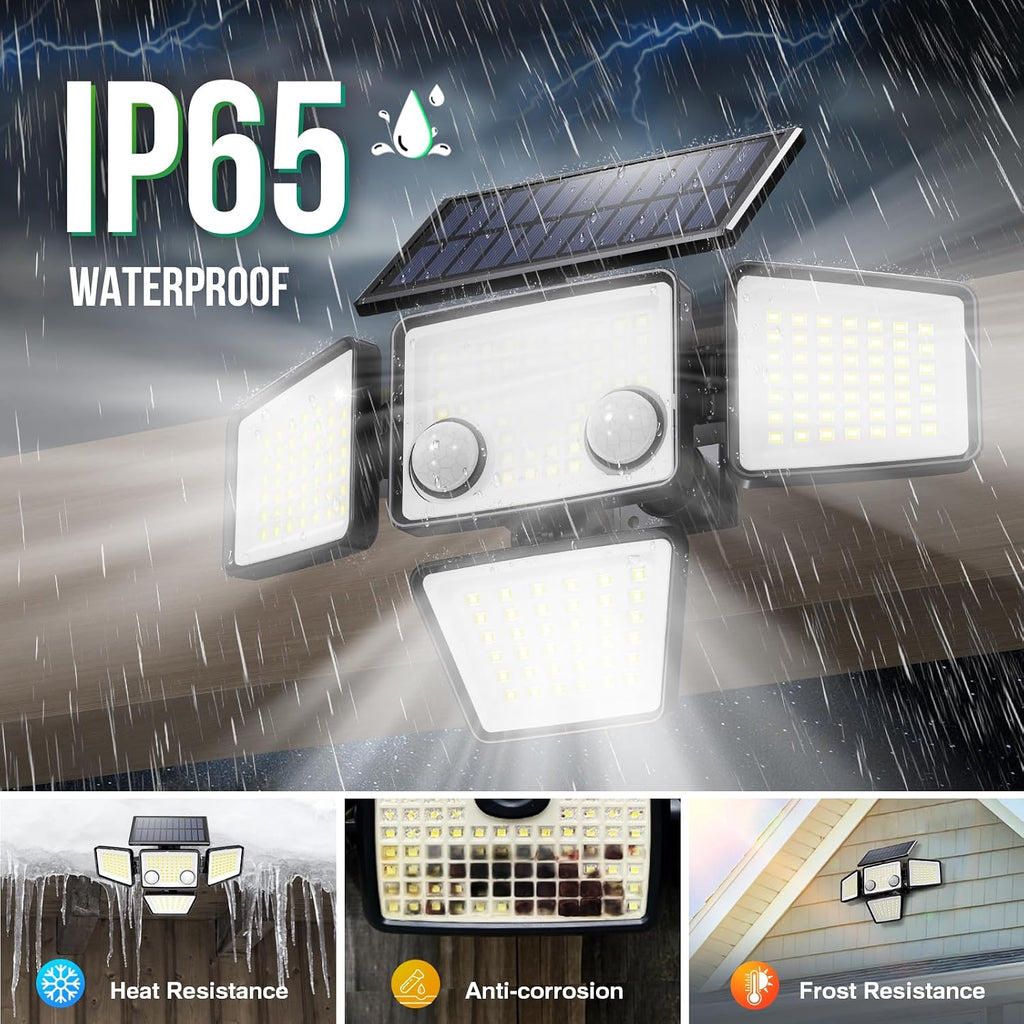 Solar Outdoor Lights - 3000LM 188 LED Motion Sensor Outdoor Lights, 4 Heads Security Light,IP65 Waterproof, Easy
