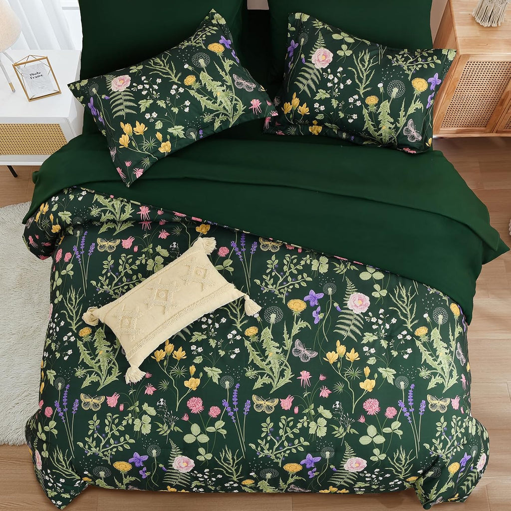 Queen Comforter Set 7 Piece, Dark Green Floral Bedding Set, Bed in a Bag Queen with Botanical Flowers Patterns, Soft - Set of 7