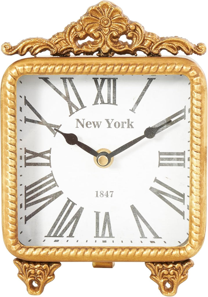 Deco 79 Metal Scroll Decorative Clock Antique Style Mantel Clock, Tabletop Clock 6" x 3" x 8", Gold