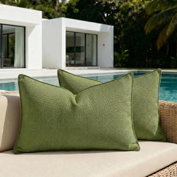 Set of 2 Water Resistant Lumbar Soft Chenille Decorative Outdoor Throw Pillow Covers Solid Moss Green Summer