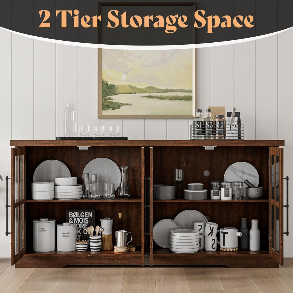 Farmhouse 63" Buffet Sideboard Cabinet with Glass Door, Large Storage Cabinet with Adjustable Shelf