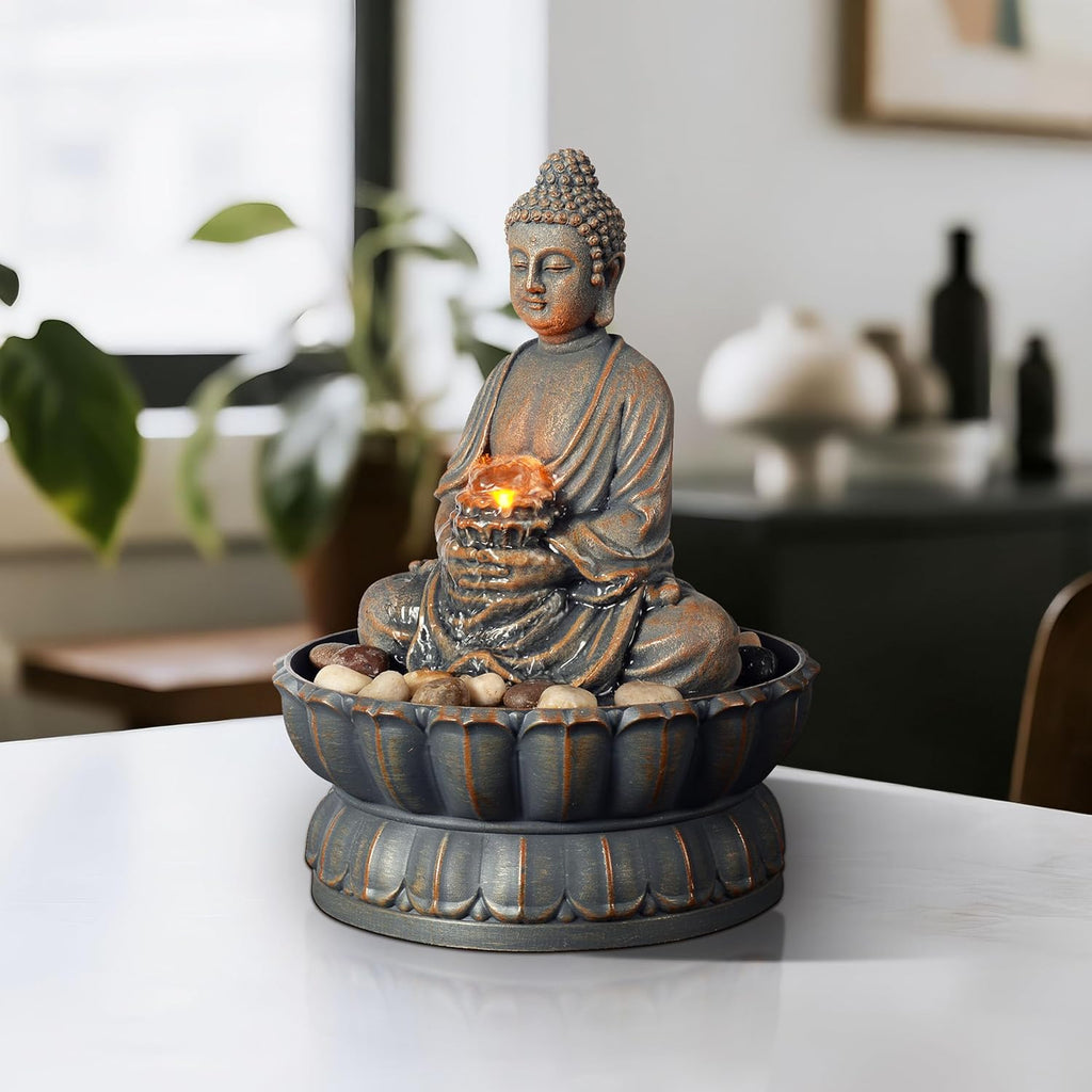 Home Décor 9.6" Tabletop Fountain Exquisite Smile Sitting Buddha Fountains Desk Water Fountain Decorative Zen