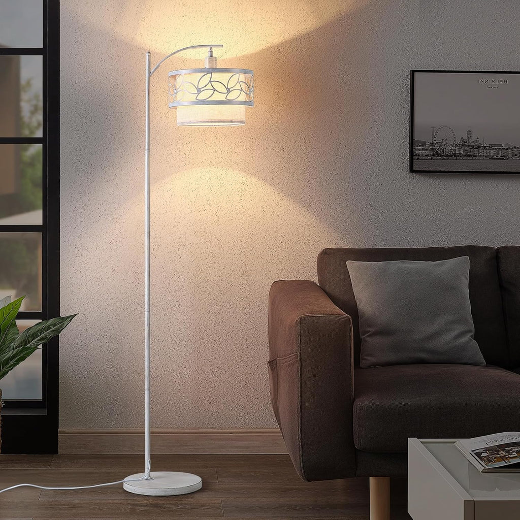 66.1" Gold Accent Floor Lamp with Floral Metal Shade & Linen Inner Shade, Farmhouse Standing Lamp Bedroom Office