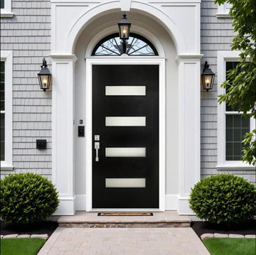 Modern Black Exterior Fiberglass Entry Front Door with 4 Frosted Glass Panels Includes Frame & Hardware Right Inswing
