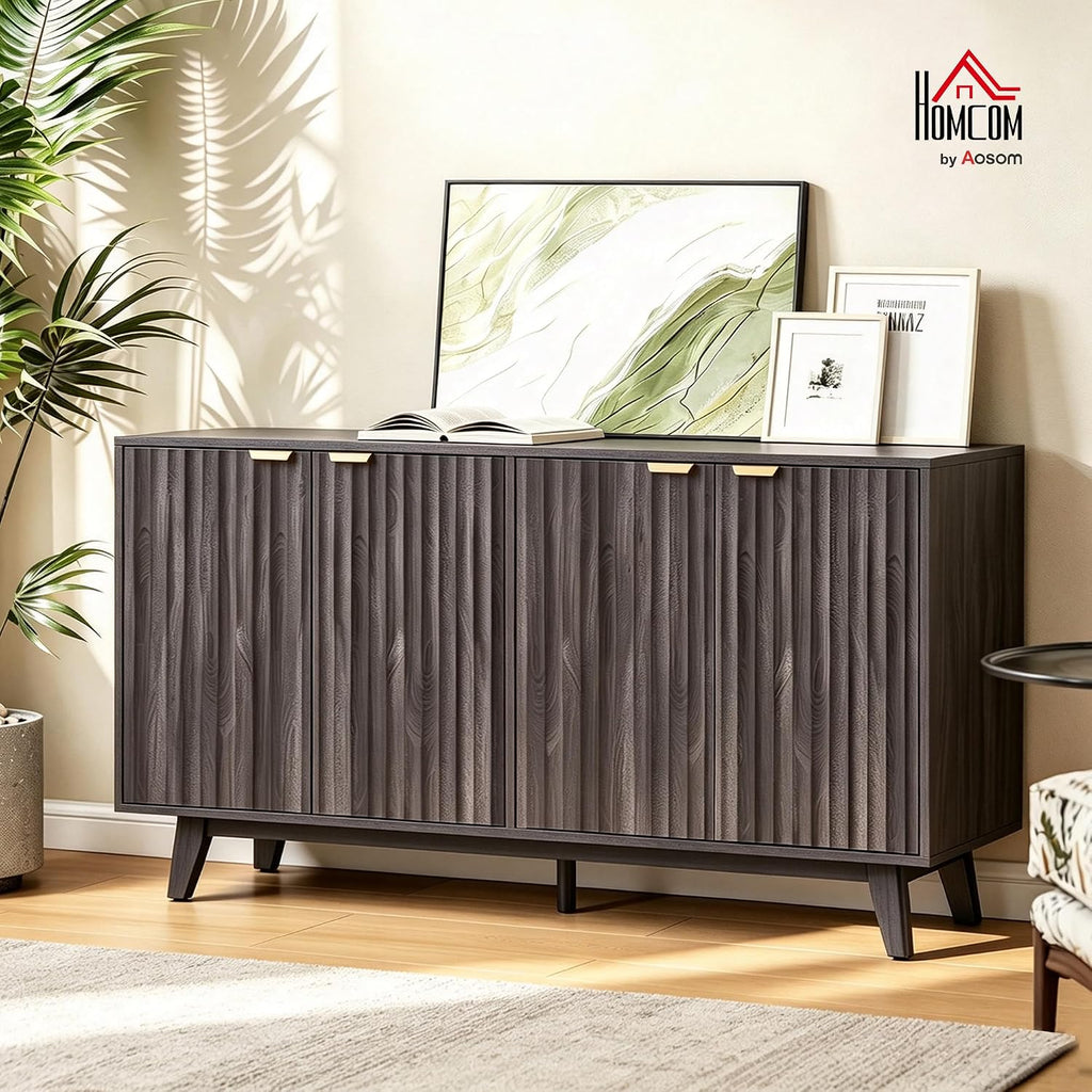 Fluted Sideboard Buffet Cabinet, 55" Modern Accent Console Cabinet with 4 Doors, 2 Adjustable Shelves and 5 Wood Legs