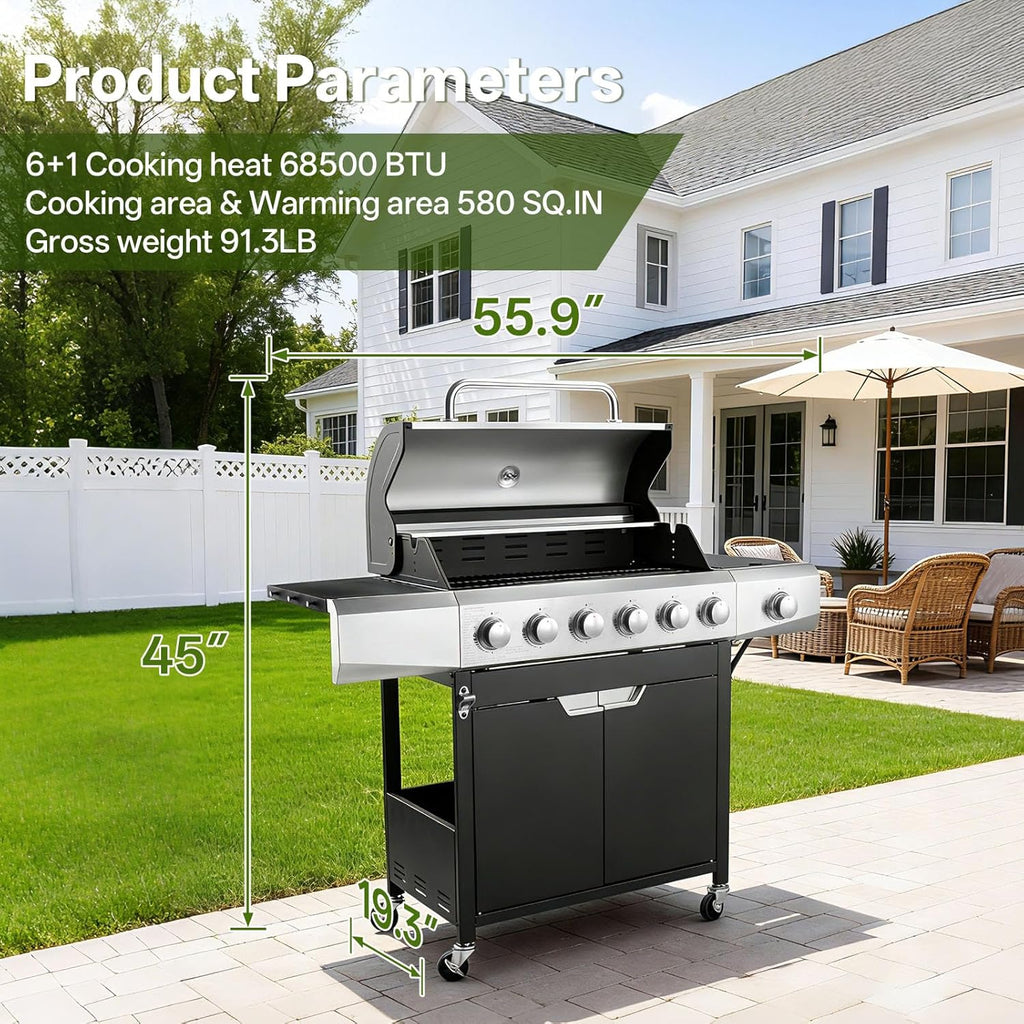 6-Burner Propane Gas Grill, 68,500 BTU Stainless Steel BBQ Grill with Side Burner, Porcelain Grates & Wheels for Patio and Backyard