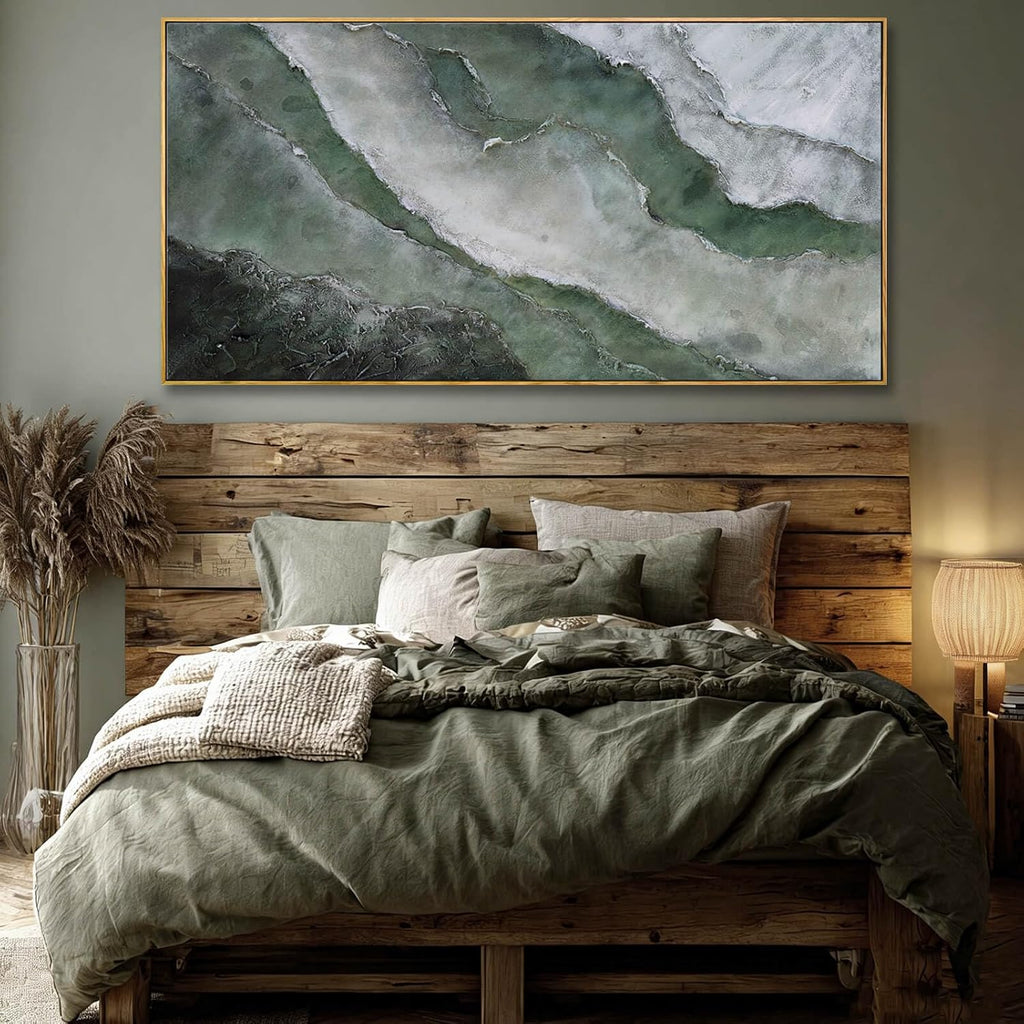 Green and White Abstract Wall Art, Large Framed Canvas Painting with Wooden Frame, Modern Abstract Wall