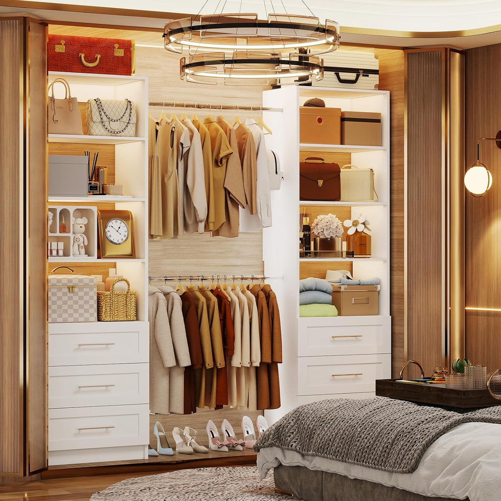 Closet System with 6 Drawers, 5-14FT Custom Closet Organizer System with 8 Expandable Hanging Rods&Adjustable