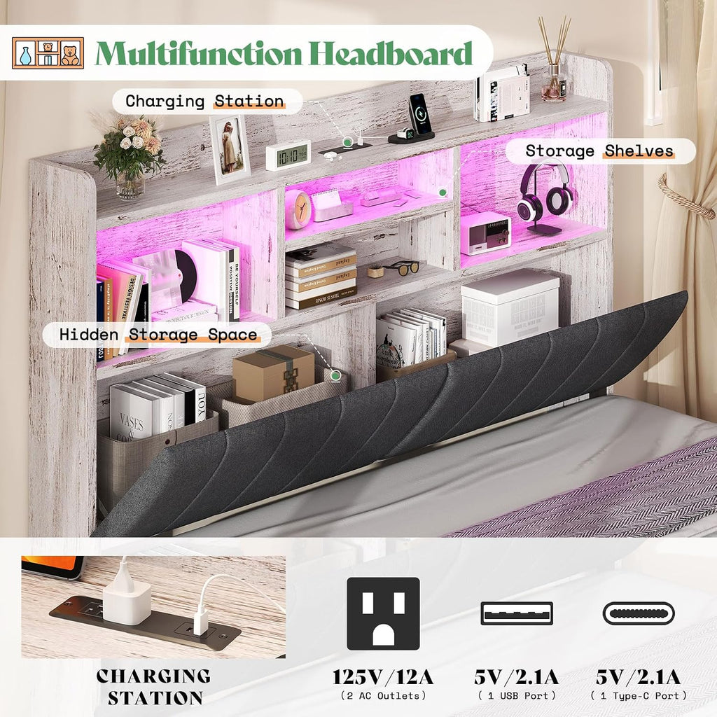 Queen Bed Frame with 51.2" Tall Bookcase Headboard, Farmhouse Platform Bed with 4 Storage Drawers, Linen Upholstered