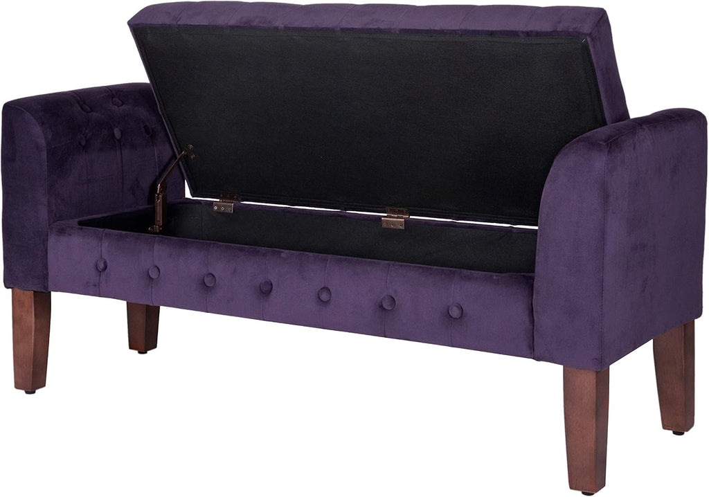 Velvet Tufted Storage Bench Settee with Hinged Lid, Purple 50" x 18" x 23"