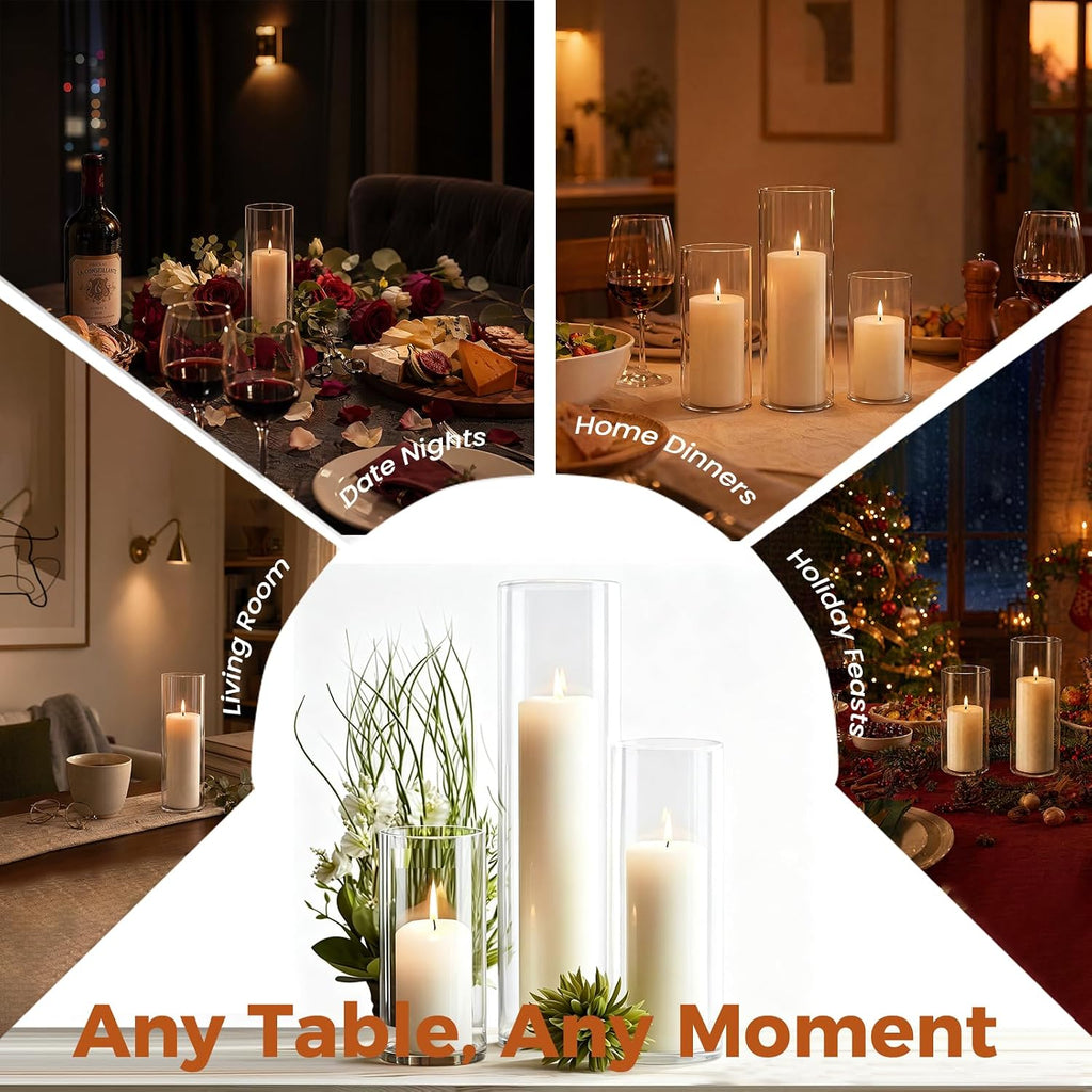 24-Pc White Pillar Candles & Clear Hurricane Glass Candle Holders, 3 Sizes | 12 dripless candles + 12 clear