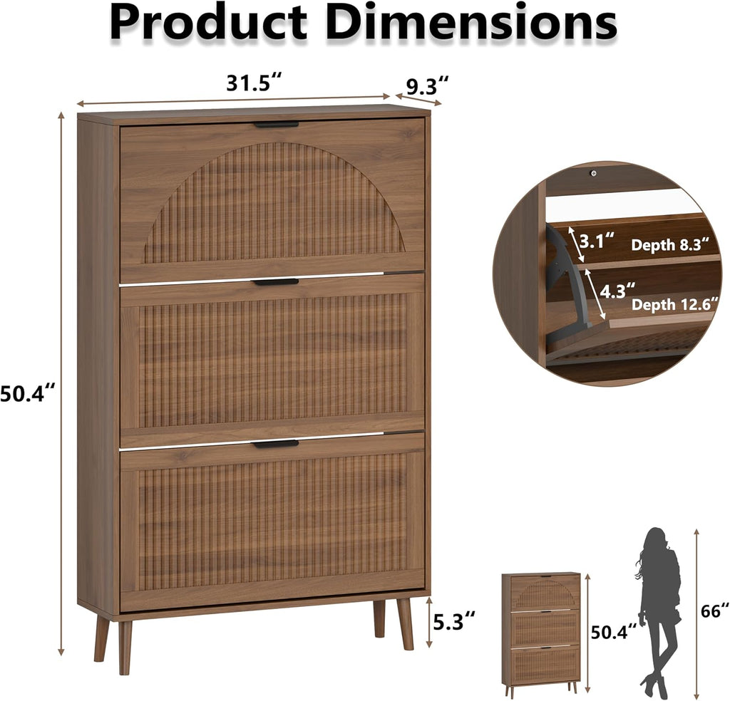Shoe Cabinet with 3 Flip Drawers, Slim Wooden Shoe Storage Organizer with Modern Fluted Pannel,Freestanding Narrow